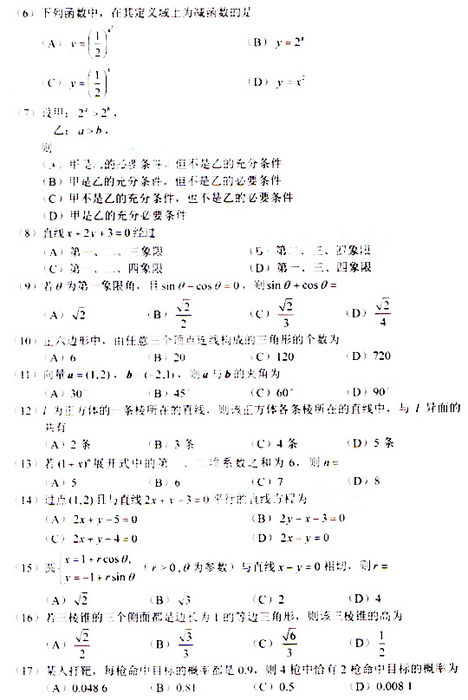 2009年成考高起点数学(理)真题及参考答案(图2)