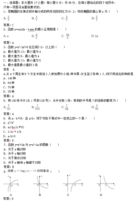 2019年成考高起点文史财经类数学考试模拟试题及答案五(图1)