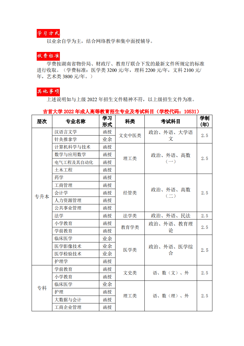 2022年吉首大学成人高考招生简章(图3)