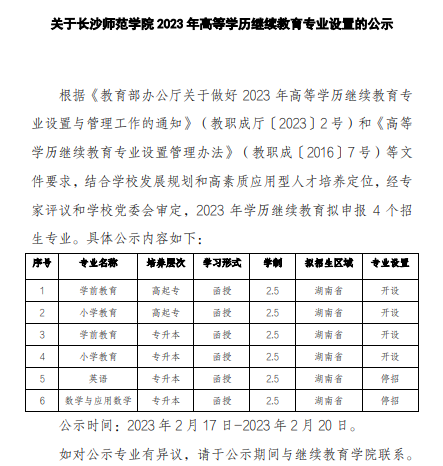 长沙师范学院2023年成人高等学历继续教育专业设置的公示(图3)