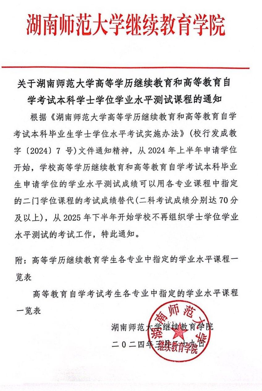 关于湖南师范大学高等学历继续教育和高等学历自学考试本科学士学位学业水平测试课程的通知(图1)