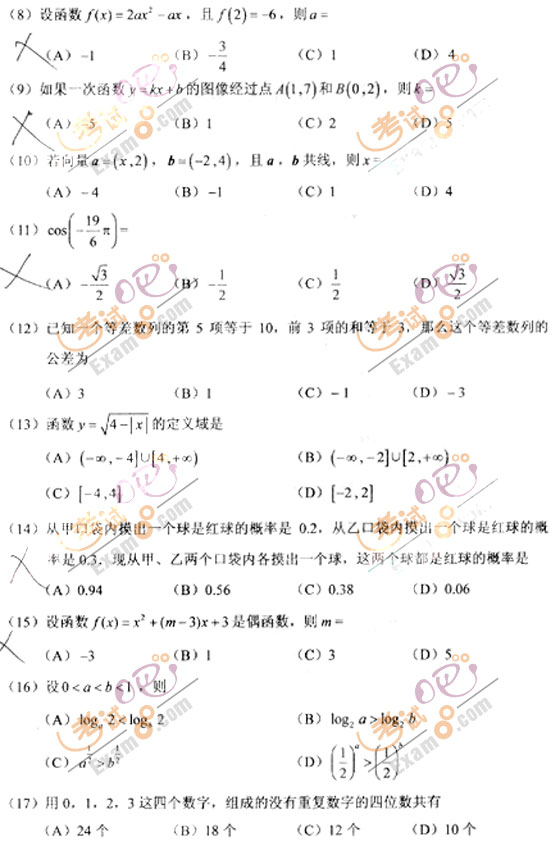 2010成人高考高起点数学(文)试题及答案