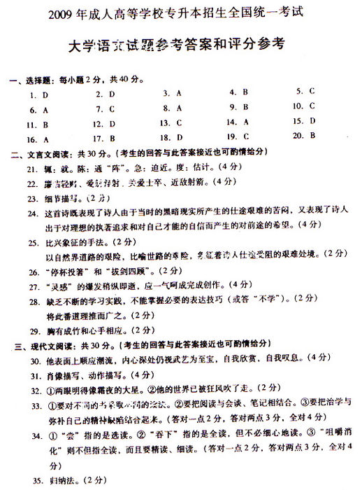 2009年成人高考专升本大学语文试题及答案(图8)