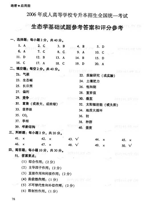 2006年成人高考专升本生态学基础试题及答案(图6)